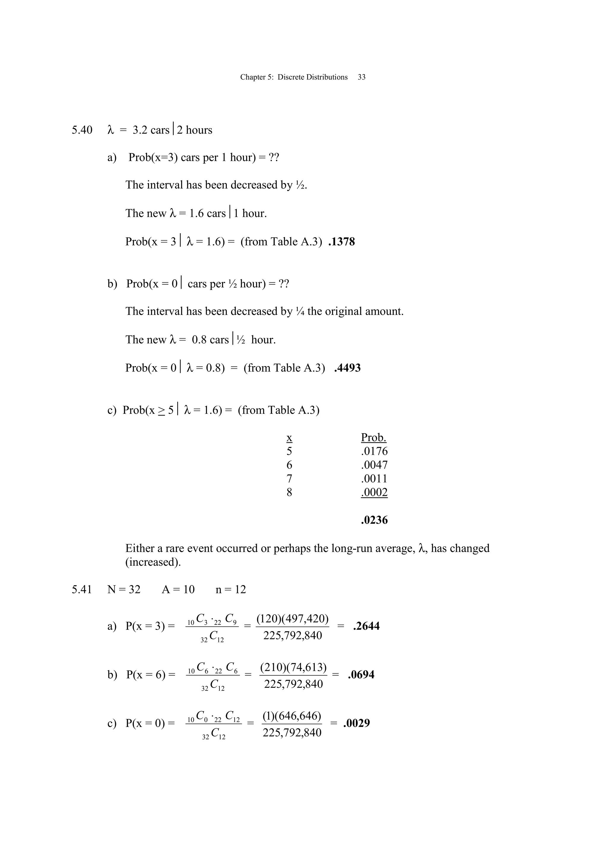 Chapter 5: Discrete Distributions 33
5.40 λ = 3.2 cars2 hours
a) Prob(x=3) cars per 1 hour) = ??
The interval has been decreased by ½.
The new λ = 1.6 cars1 hour.
Prob(x = 3 λ = 1.6) = (from Table A.3) .1378
b) Prob(x = 0 cars per ½ hour) = ??
The interval has been decreased by ¼ the original amount.
The new λ = 0.8 cars½ hour.
Prob(x = 0 λ = 0.8) = (from Table A.3) .4493
c) Prob(x > 5 λ = 1.6) = (from Table A.3)
x Prob.
5 .0176
6 .0047
7 .0011
8 .0002
.0236
Either a rare event occurred or perhaps the long-run average, λ, has changed
(increased).
5.41 N = 32 A = 10 n = 12
a) P(x = 3) =
1232
922310
C
CC ⋅
=
840,792,225
)420,497)(120(
= .2644
b) P(x = 6) =
1232
622610
C
CC ⋅
=
840,792,225
)613,74)(210(
= .0694
c) P(x = 0) =
1232
1222010
C
CC ⋅
=
840,792,225
)646,646)(1(
= .0029
 