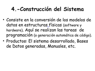 4.-Construcción del Sistema <ul><li>Consiste en la conversión de los modelos de datos en estructuras   físicas  (software ...