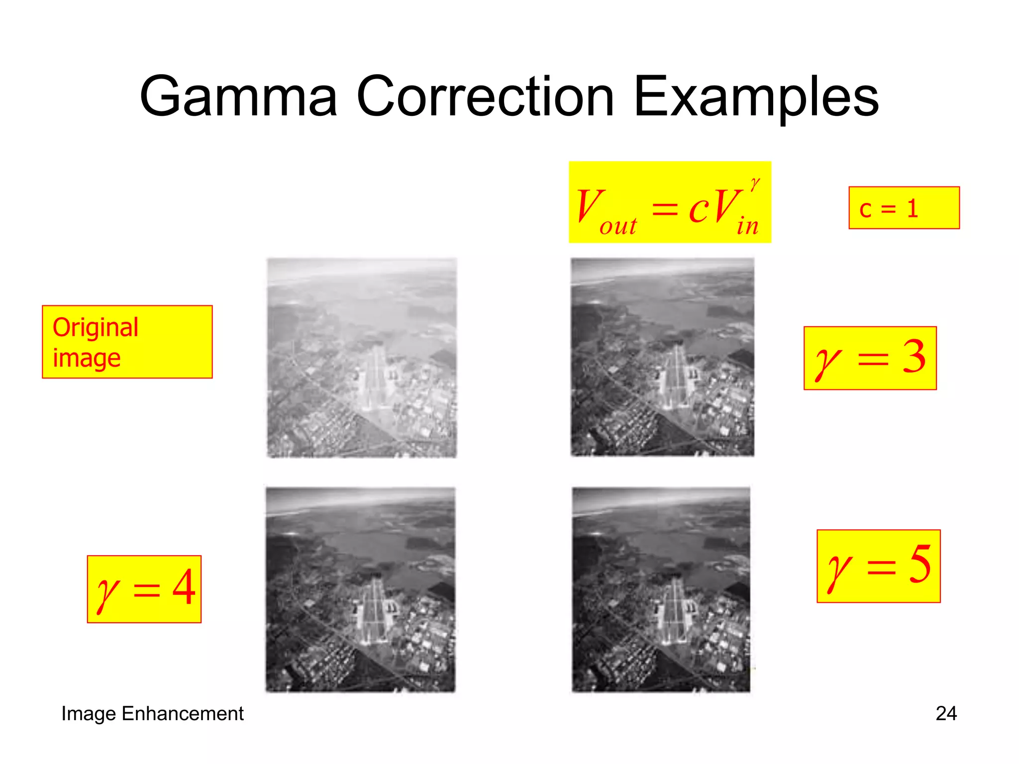 Gamma Correction Examples
c = 1
3
4 5
Original
image

inout cVV 
Image Enhancement 24
 