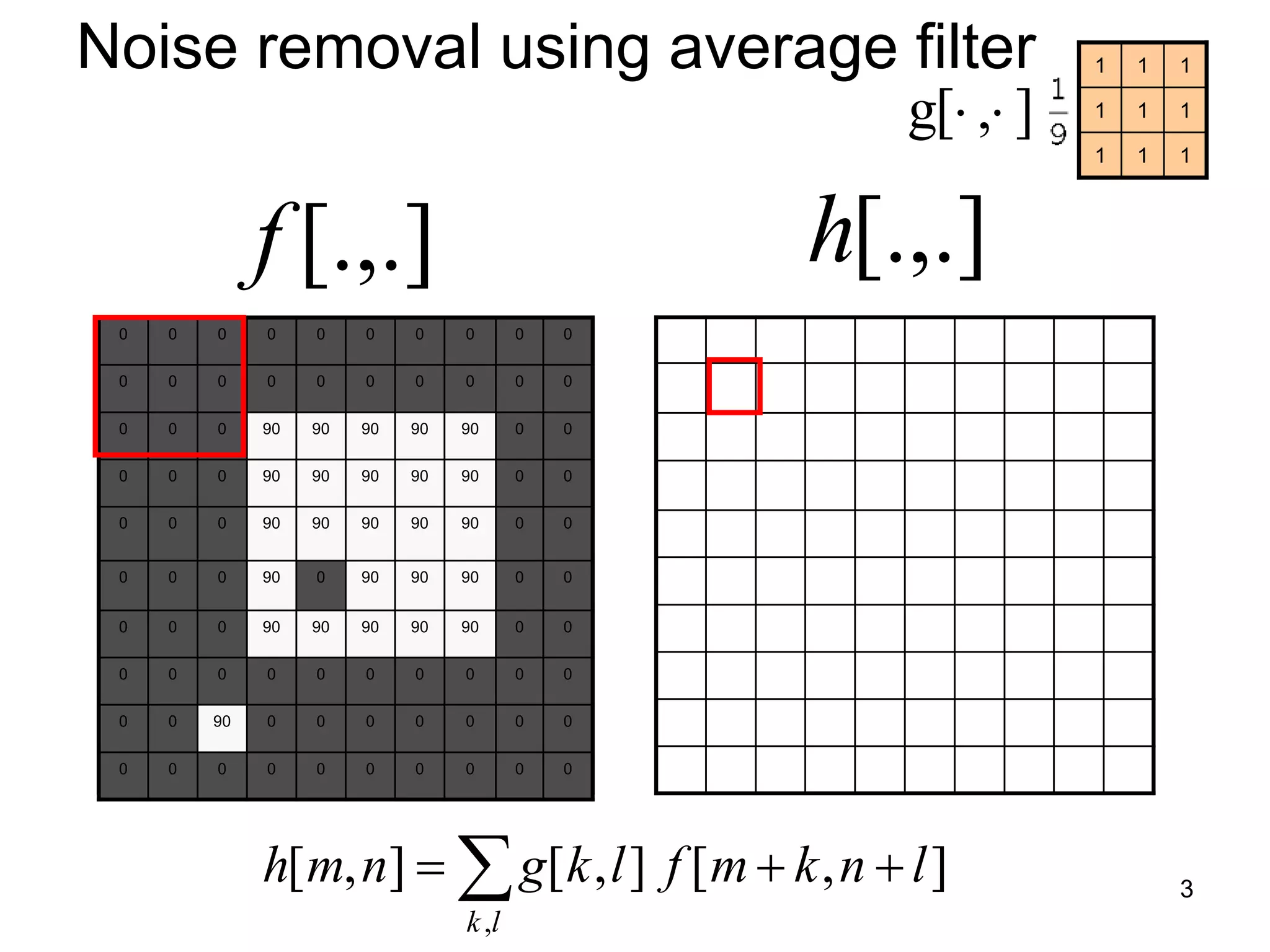 0 0 0 0 0 0 0 0 0 0
0 0 0 0 0 0 0 0 0 0
0 0 0 90 90 90 90 90 0 0
0 0 0 90 90 90 90 90 0 0
0 0 0 90 90 90 90 90 0 0
0 0 0 90 0 90 90 90 0 0
0 0 0 90 90 90 90 90 0 0
0 0 0 0 0 0 0 0 0 0
0 0 90 0 0 0 0 0 0 0
0 0 0 0 0 0 0 0 0 0
0
0 0 0 0 0 0 0 0 0 0
0 0 0 0 0 0 0 0 0 0
0 0 0 90 90 90 90 90 0 0
0 0 0 90 90 90 90 90 0 0
0 0 0 90 90 90 90 90 0 0
0 0 0 90 0 90 90 90 0 0
0 0 0 90 90 90 90 90 0 0
0 0 0 0 0 0 0 0 0 0
0 0 90 0 0 0 0 0 0 0
0 0 0 0 0 0 0 0 0 0
],[],[],[
,
lnkmflkgnmh
lk
 
[.,.]h[.,.]f
Noise removal using average filter
111
111
111
],[g 
3
 