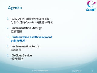 Agenda

1. Why OpenStack for Private IaaS
  为什么选择OpenStack搭建私有云
2. Implementation Strategy
  实施策略
3. Customization and Development
  定制与开发
4. Implementation Result
  实施效果

5. CIeCloud Service
  “瞬云”服务



                      CIeNET PROPRIETARY   11/28/2012   18
 