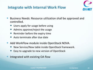 Integrate with Internal Work Flow

 Business Needs: Resource utilization shall be approved and
  controlled.
   Users apply for usage before using
   Admins approve/reject the usage
   Reminder before the expiry time
   Auto terminate after due date
 Add WorkFlow module inside OpenStack NOVA.
   New Service/New table inside OpenStack framework.
   Easy to upgrade to new version of OpenStack
 Integrated with existing OA flow


                   CIeNET PROPRIETARY           11/28/2012     22
 