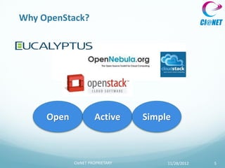 Why OpenStack?




     Open            Active      Simple



            CIeNET PROPRIETARY        11/28/2012   5
 