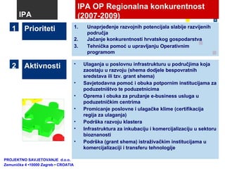 IPA OP Regionalna konkurentnost (2007-2009) Aktivnosti Ulaganja u poslovnu infrastrukturu u područjima koja zaostaju u razvoju (shema dodjele bespovratnih sredstava ili tzv. grant shema) Savjetodavna pomoć i obuka potpornim institucijama za poduzetništvo te poduzetnicima Oprema i obuka za pružanje e-business usluga u poduzetničkim centrima Promicanje poslovne i ulagačke klime (certifikacija regija za ulaganja) Podrška razvoju klastera Infrastruktura za inkubaciju i komercijalizaciju u sektoru bioznanosti  Podrška (grant shema) istraživačkim institucijama u komercijalizaciji i transferu tehnologije Prioriteti Unaprjeđenje razvojnih potencijala slabije razvijenih područja Jačanje konkurentnosti hrvatskog gospodarstva Tehnička pomoć u upravljanju Operativnim programom 1 2 IPA PROJEKTNO SAVJETOVANJE  d.o.o.  Zemunička 4 •10000 Zagreb • CROATIA 