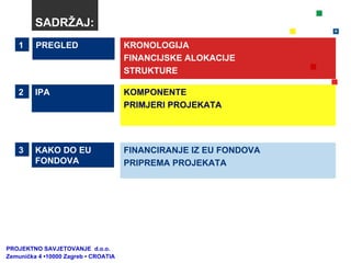 SADRŽAJ: 1 KOMPONENTE PRIMJERI PROJEKATA 2 KAKO DO EU FONDOVA FINANCIRANJE IZ EU FONDOVA PRIPREMA PROJEKATA 3 PREGLED IPA KRONOLOGIJA FINANCIJSKE ALOKACIJE STRUKTURE PROJEKTNO SAVJETOVANJE  d.o.o.  Zemunička 4 •10000 Zagreb • CROATIA 