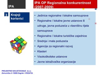 IPA OP Regionalna konkurentnost (2007-2009) Krajnji korisnici Jedinice regionalne i lokalne samouprave Regionalne / lokalne javne ustanove ili udruge, javna poduzeća u vlasništvu tijela samouprave Regionalne / lokalne turističke zajednice Srednja i mala poduzeća Agencije za regionalni razvoj Klasteri Visokoškolske ustanove Javne istraživačke organizacije 3 IPA PROJEKTNO SAVJETOVANJE  d.o.o.  Zemunička 4 •10000 Zagreb • CROATIA 