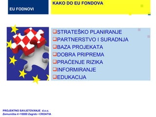 PROJEKTNO SAVJETOVANJE  d.o.o.  Zemunička 4 •10000 Zagreb • CROATIA EU FODNOVI STRATEŠKO PLANIRANJE PARTNERSTVO I SURADNJA BAZA PROJEKATA DOBRA PRIPREMA PRAĆENJE RIZIKA INFORMIRANJE EDUKACIJA KAKO DO EU FONDOVA 