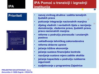 razvoj civilnog društva i zaštita temeljnih ljudskih prava poticanje integracije nacionalnih manjina dijalog vladinih i nevladinih tijela u razvijanju demokracije, vladavine prava, ljudskih prava, prava nacionalnih manjina reforme u području pravosuđa i unutarnjih poslova usklađivanje tehničkog zakonodavstva reforma državne uprave jačanje tržišne ekonomije jačanje sustava financijske kontrole razvijanje sustava mjera zaštite okoliša jačanje kapaciteta u području nuklearne sigurnosti sudjelovanje u programima Zajednice  Prioriteti  IPA  IPA Pomoć u tranziciji i izgradnji institucija PROJEKTNO SAVJETOVANJE  d.o.o.  Zemunička 4 •10000 Zagreb • CROATIA 