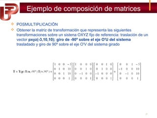 Ejemplo de composición de matrices
 POSMULTIPLICACIÖN
 Obtener la matriz de transformación que representa las siguientes
transformaciones sobre un sistena OXYZ fijo de referencia: traslación de un
vector pxyz(-3,10,10); giro de -90º sobre el eje O'U del sistema
trasladado y giro de 90º sobre el eje O'V del sistema girado

21

 