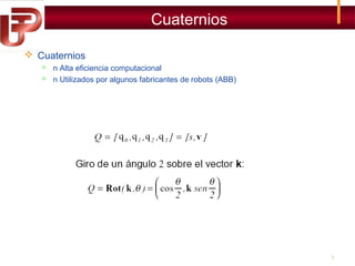 Cuaternios
 Cuaternios



n Alta eficiencia computacional
n Utilizados por algunos fabricantes de robots (ABB)

3

 