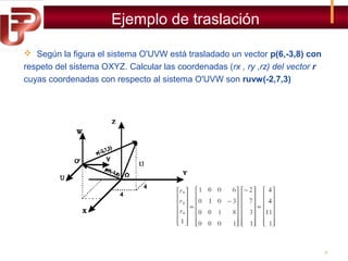 Ejemplo de traslación
 Según la figura el sistema O'UVW está trasladado un vector p(6,-3,8) con
respeto del sistema OXYZ. Calcular las coordenadas (rx , ry ,rz) del vector r
cuyas coordenadas con respecto al sistema O'UVW son ruvw(-2,7,3)

8

 