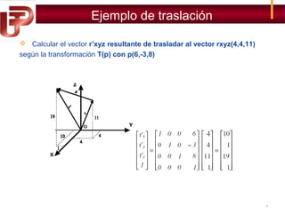 Ejemplo de traslación
 Calcular el vector r’xyz resultante de trasladar al vector rxyz(4,4,11)
según la transformación T(p) con p(6,-3,8)

9

 