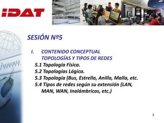 3
I. CONTENIDO CONCEPTUAL
TOPOLOGÍAS Y TIPOS DE REDES
5.1 Topología Física.
5.2 Topologías Lógica.
5.3 Topología (Bus, Estrella, Anillo, Malla, etc.
5.4 Tipos de redes según su extensión (LAN,
MAN, WAN, Inalámbricos, etc.)
SESIÓN Nº5
 