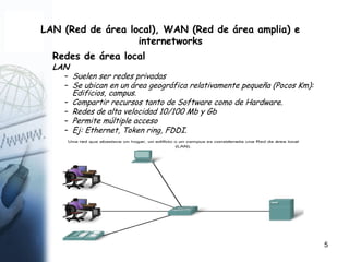 5
LAN (Red de área local), WAN (Red de área amplia) e
internetworks
Redes de área local
LAN
– Suelen ser redes privadas
– Se ubican en un área geográfica relativamente pequeña (Pocos Km):
Edificios, campus.
– Compartir recursos tanto de Software como de Hardware.
– Redes de alta velocidad 10/100 Mb y Gb
– Permite múltiple acceso
– Ej: Ethernet, Token ring, FDDI.
 
