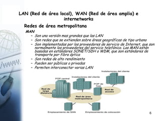 6
LAN (Red de área local), WAN (Red de área amplia) e
internetworks
Redes de área metropolitana
MAN
– Son una versión mas grandes que las LAN
– Son redes que se extienden sobre áreas geográficas de tipo urbano
– Son implementadas por los proveedores de servicio de Internet, que son
normalmente los proveedores del servicio telefónico. Las MAN están
basadas en estándares SONET/SDH o WDM, que son estándares de
transporte por fibra óptica
– Son redes de alto rendimiento
– Pueden ser públicas o privadas
– Permiten interconectar varias LAN
 