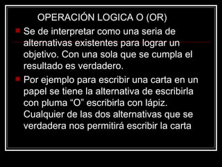 OPERACIÓN LOGICA O (OR) Se de interpretar como una seria de alternativas existentes para lograr un objetivo. Con una sola que se cumpla el resultado es verdadero. Por ejemplo para escribir una carta en un papel se tiene la alternativa de escribirla con pluma “O” escribirla con lápiz. Cualquier de las dos alternativas que se verdadera nos permitirá escribir la carta 