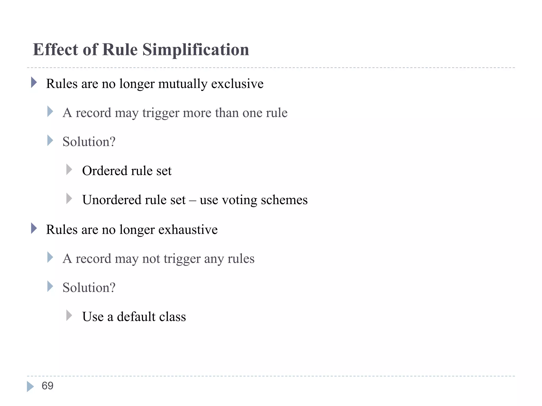 Effect of Rule Simplification
 Rules are no longer mutually exclusive
 A record may trigger more than one rule
 Solution?
 Ordered rule set
 Unordered rule set – use voting schemes
 Rules are no longer exhaustive
 A record may not trigger any rules
 Solution?
 Use a default class
69
 
