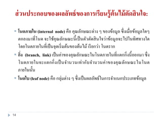  โนดภายใน (internal node) คือ คุณลักษณะต่าง ๆ ของข้อมูล ซึ่งเมื่อข้อมูลใดๆ
ตกลงมาที่โนด จะใช้คุณลักษณะนี้เป็นตัวตัดสินใจว่าข้อมูลจะไปในทิศทางใด
โดยโนดภายในที่เป็นจุดเริ่มต้นของต้นไม้ เรียกว่า โนดราก
 กิ่ง (branch, link) เป็นค่าของคุณลักษณะในโนดภายในที่แตกกิ่งนี้ออกมา ซึ่ง
โนดภายในจะแตกกิ่งเป็นจานวนเท่ากับจานวนค่าของคุณลักษณะในโนด
ภายในนั้น
 โนดใบ (leaf node) คือ กลุ่มต่าง ๆ ซึ่งเป็นผลลัพธ์ในการจาแนกประเภทข้อมูล
ส่วนประกอบของผลลัพธ์ของการเรียนรู้ต้นไม้ตัดสินใจ:
14
 
