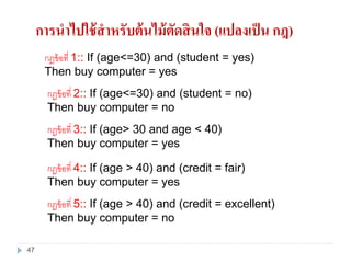 กฎข้อที่ 1:: If (age<=30) and (student = yes)
Then buy computer = yes
กฎข้อที่ 2:: If (age<=30) and (student = no)
Then buy computer = no
กฎข้อที่ 3:: If (age> 30 and age < 40)
Then buy computer = yes
กฎข้อที่ 4:: If (age > 40) and (credit = fair)
Then buy computer = yes
กฎข้อที่ 5:: If (age > 40) and (credit = excellent)
Then buy computer = no
การนาไปใช้สาหรับต้นไม้ตัดสินใจ (แปลงเป็น กฎ)
47
 