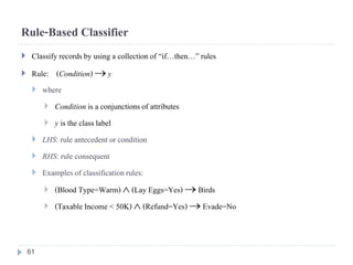 Rule-Based Classifier
 Classify recordsby using a collectionof “if…then…” rules
 Rule: (Condition)  y
 where
 Condition is a conjunctionsof attributes
 y is the class label
 LHS: rule antecedent orcondition
 RHS: rule consequent
 Examplesof classificationrules:
 (Blood Type=Warm)  (Lay Eggs=Yes)  Birds
 (TaxableIncome < 50K)  (Refund=Yes)  Evade=No
61
 