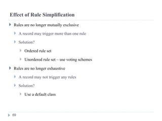 Effect of Rule Simplification
 Rules are no longer mutually exclusive
 A record may trigger more than one rule
 Solution?
 Ordered rule set
 Unordered rule set – use voting schemes
 Rules are no longer exhaustive
 A record may not trigger any rules
 Solution?
 Use a default class
69
 