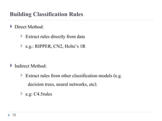 Building Classification Rules
 Direct Method:
 Extract rules directly from data
 e.g.: RIPPER, CN2, Holte’s 1R
 Indirect Method:
 Extract rules from other classification models (e.g.
decision trees, neural networks, etc).
 e.g: C4.5rules
72
 