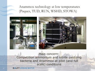 Anammox technology at low temperatures
      (Paques, TUD, RUN, WSHD, STOWA)




                    Main concern:
     Competition ammonium and nitrite oxidizing
       bacteria and Anammox at pilot (and full
                  scale) conditions
17
 