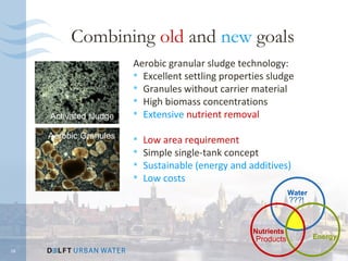 Combining old and new goals
                        Aerobic granular sludge technology:
                         Excellent settling properties sludge
                         Granules without carrier material
                         High biomass concentrations
     Activated sludge    Extensive nutrient removal

     Aerobic Granules      Low area requirement
                           Simple single-tank concept
                           Sustainable (energy and additives)
                           Low costs
                                                                 Water
                                                                 ???!



                                                     Nutrients
                                                     Products            Energy
18
 