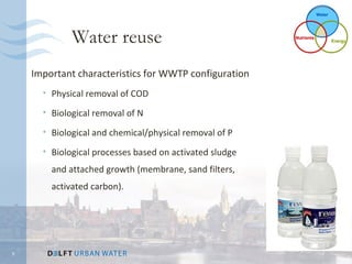 Water




             Water reuse                                 Nutrients
                                                                             Energy




    Important characteristics for WWTP configuration
      • Physical removal of COD
      • Biological removal of N

      • Biological and chemical/physical removal of P

      • Biological processes based on activated sludge
        and attached growth (membrane, sand filters,
        activated carbon).




9
 