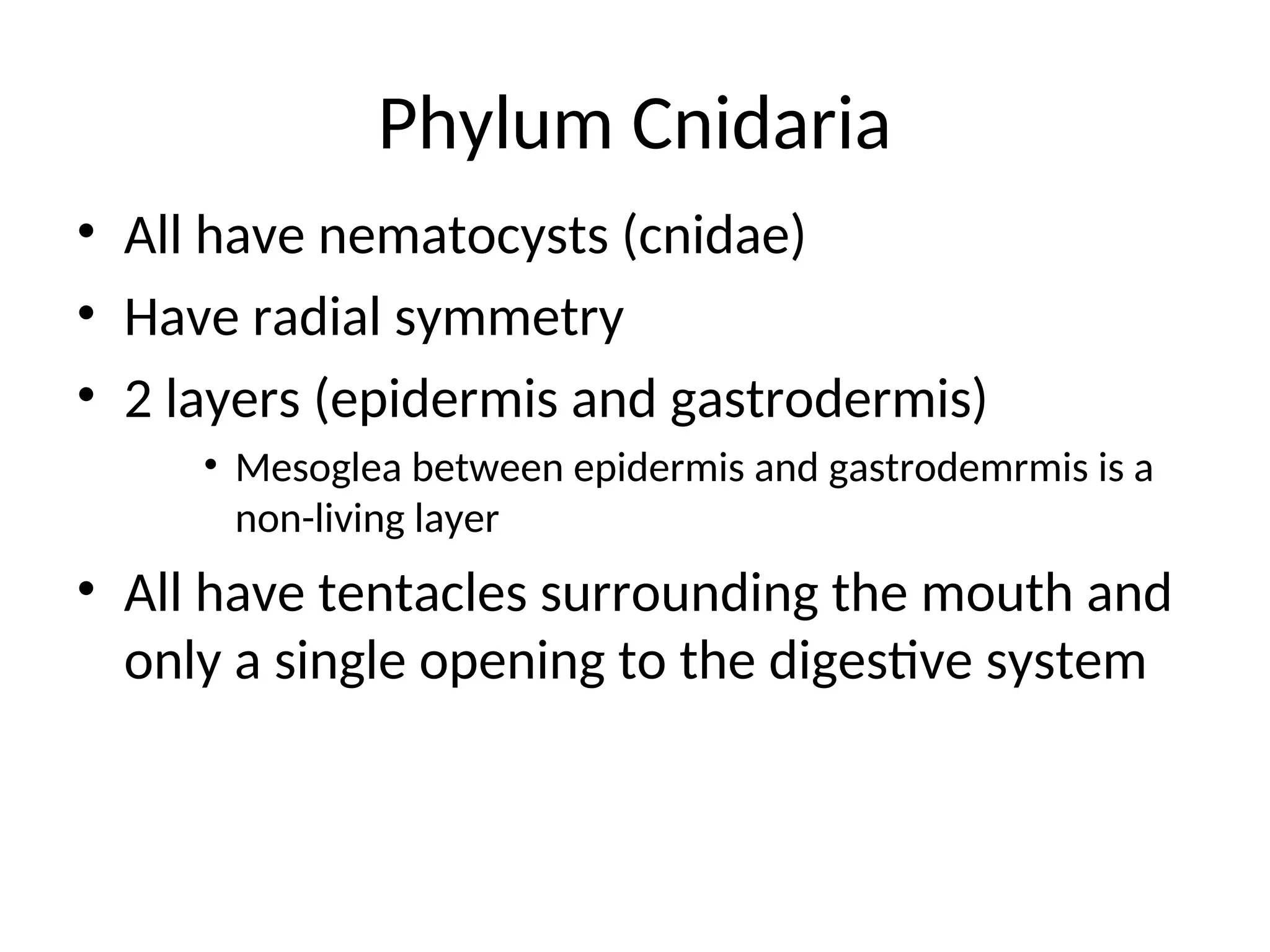 Phylum Cnidaria
• All have nematocysts (cnidae)
• Have radial symmetry
• 2 layers (epidermis and gastrodermis)
• Mesoglea between epidermis and gastrodemrmis is a
non-living layer
• All have tentacles surrounding the mouth and
only a single opening to the digestive system
 