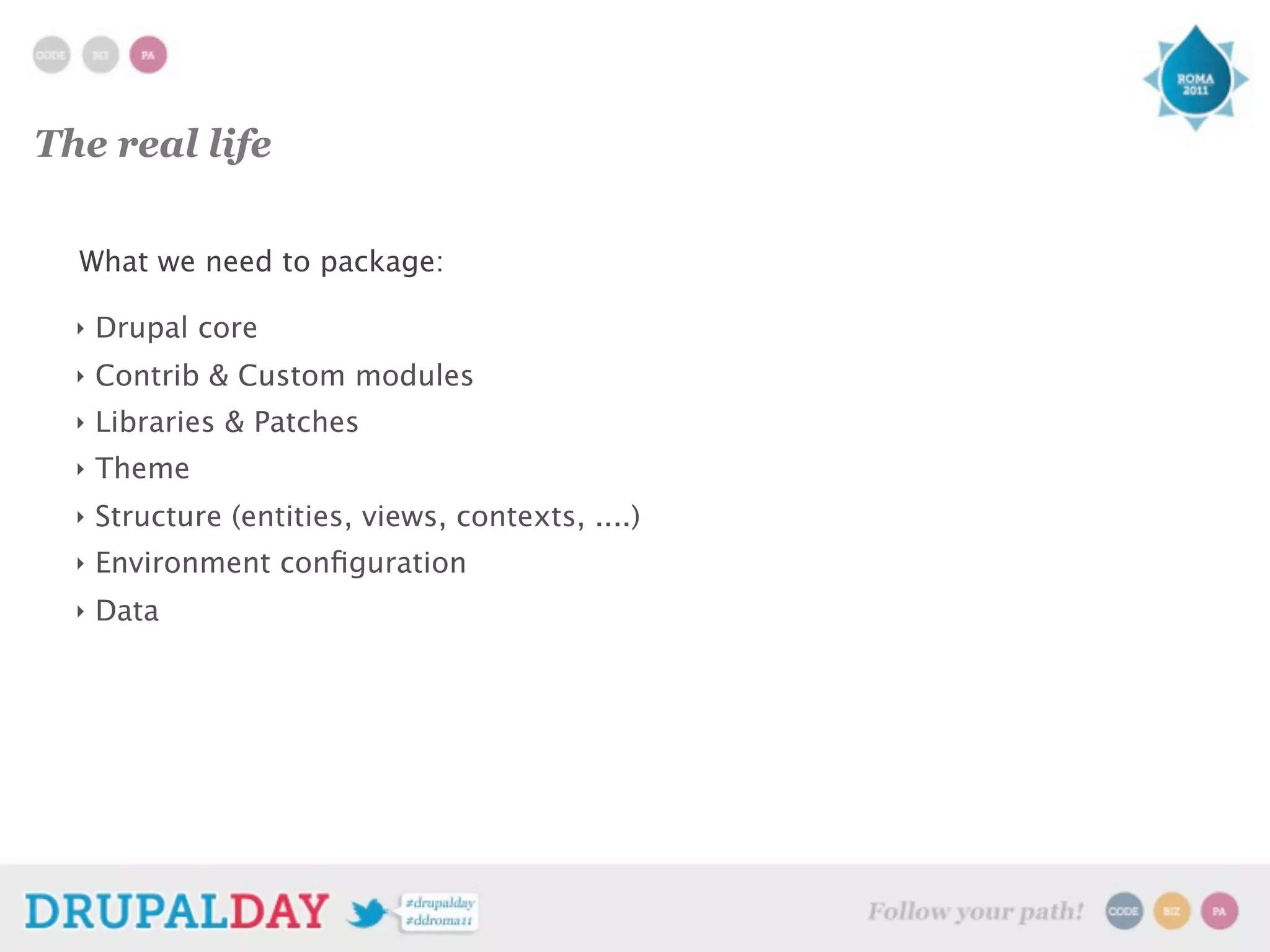 The real life
What we need to package:
‣ Drupal core
‣ Contrib & Custom modules
‣ Libraries & Patches
‣ Theme
‣ Structure (entities, views, contexts, ....)
‣ Environment configuration
‣ Data