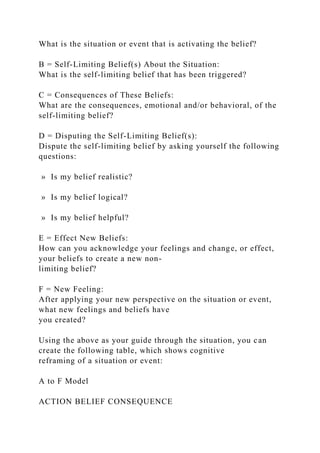 What is the situation or event that is activating the belief?
B = Self-Limiting Belief(s) About the Situation:
What is the self-limiting belief that has been triggered?
C = Consequences of These Beliefs:
What are the consequences, emotional and/or behavioral, of the
self-limiting belief?
D = Disputing the Self-Limiting Belief(s):
Dispute the self-limiting belief by asking yourself the following
questions:
» Is my belief realistic?
» Is my belief logical?
» Is my belief helpful?
E = Effect New Beliefs:
How can you acknowledge your feelings and change, or effect,
your beliefs to create a new non-
limiting belief?
F = New Feeling:
After applying your new perspective on the situation or event,
what new feelings and beliefs have
you created?
Using the above as your guide through the situation, you can
create the following table, which shows cognitive
reframing of a situation or event:
A to F Model
ACTION BELIEF CONSEQUENCE
 