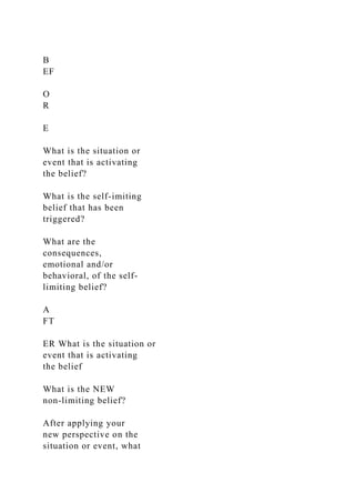B
EF
O
R
E
What is the situation or
event that is activating
the belief?
What is the self-imiting
belief that has been
triggered?
What are the
consequences,
emotional and/or
behavioral, of the self-
limiting belief?
A
FT
ER What is the situation or
event that is activating
the belief
What is the NEW
non-limiting belief?
After applying your
new perspective on the
situation or event, what
 
