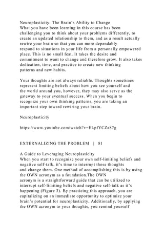 Neuroplasticity: The Brain’s Ability to Change
What you have been learning in this course has been
challenging you to think about your problems differently, to
create an updated relationship to them, and as a result actually
rewire your brain so that you can more dependably
respond to situations in your life from a personally empowered
place. This is no small feat. It takes the desire and
commitment to want to change and therefore grow. It also takes
dedication, time, and practice to create new thinking
patterns and new habits.
Your thoughts are not always reliable. Thoughts sometimes
represent limiting beliefs about how you see yourself and
the world around you, however, they may also serve as the
gateway to your eventual success. When you begin to
recognize your own thinking patterns, you are taking an
important step toward rewiring your brain.
Neuroplasticity
https://www.youtube.com/watch?v=ELpfYCZa87g
EXTERNALIZING THE PROBLEM | 81
A Guide to Leveraging Neuroplasticity
When you start to recognize your own self-limiting beliefs and
negative self-talk, it’s time to interrupt those thoughts
and change them. One method of accomplishing this is by using
the OWN acronym as a foundation.The OWN
acronym is a straightforward guide that can be utilized to
interrupt self-limiting beliefs and negative self-talk as it’s
happening (Figure 3). By practicing this approach, you are
capitalizing on an immediate opportunity to optimize your
brain’s potential for neuroplasticity. Additionally, by applying
the OWN acronym to your thoughts, you remind yourself
 