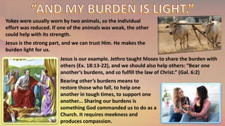 Yokes were usually worn by two animals, so the individual
effort was reduced. If one of the animals was weak, the other
could help with its strength.
Jesus is the strong part, and we can trust Him. He makes the
burden light for us.
Jesus is our example. Jethro taught Moses to share the burden with
others (Ex. 18:13-22), and we should also help others: “Bear one
another’s burdens, and so fulfill the law of Christ.” (Gal. 6:2)
Bearing other’s burdens means to
restore those who fall, to help one
another in tough times, to support one
another... Sharing our burdens is
something God commanded us to do as a
Church. It requires meekness and
produces compassion.
 