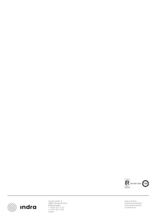 Indra se reserva
el derecho de modiﬁcar
estas especiﬁcaciones
sin previo aviso.
SISTEMA DE
CONTROL
Y COORDINACIÓN
Líder mundial con más de 1000 instalaciones en 75 países
ATM
indra.es
Ctra de Loeches, 9
28850 Torrejón de Ardoz
Madrid (España)
T +34 91 627 11 47
F +34 91 627 10 05
indra.es
ATM
Arquitectura
En una de las torres secundarias existen
dos servidores con el ﬁn de mantener
la operatividad del sistema en caso de
que se produzca una contingencia para
continuar proporcionando la funcionalidad
principal.
La arquitectura del sistema multitorre
de Indra está basada en dos parejas de
servidores UNIX: uno para la vigilancia,
plan de vuelo local y funciones
meteorológicas y el otro para las
funciones de grabación, conectado a las
posiciones del cliente (operador) a través
de un conmutador – Switch (sistema
de comunicación de datos TCP/UDP) en
conﬁguración tándem (operacional/hot
stand by) para satisfacer los requisitos de
ﬁabilidad.
En cada torre secundaria existen unos
conmutadores similares que conectan
los puestos de trabajo correspondientes
instalados sobre ellos con el conmutador
de la torre principal mediante un sistema
de ﬁbra óptica.
Funciones de grabación
Torre de control
Interruptor
Sala de equipos
Servidor 1 y 2
Matriz 1 y 2
Red de datos de vigilancia
Asterix
Red de datos
Termserver 1 y 2
VLAN R1
VLAN R2
PICT x12
PSI
PSO
PST
PICT x8
Repro
IFO
PICT
CCTV
IFV’s
GSI x 2
PGSW
SDR/SDV/SIA x2 PRR
NTP
UAST x2
PSI
IFO IFO
IFO IFOIFO
PSI
PICTPICT
PICT
PICT
Termserver
Gestor
INT
GEST
US
VLAN V1
VLAN V2
SISTEMA DE
CONTROL
Y COORDINACIÓN
MULTI-TWR
MULTI-TWR
El sistema de Indra aumenta el control y
la seguridad de los grandes aeropuertos
integrando su compleja conﬁguración
Introducción
El sistema está ya operativo en el
aeropuerto de Madrid para alcanzar la
automatización de los procedimientos
operacionales de Torre de Control de
Tráﬁco Aéreo, aumentando la capacidad,
el ﬂujo y la seguridad del sistema de
navegación aérea en una conﬁguración
muy compleja (incluyendo cuatro pistas).
La complejidad de la tarea de control en
los grandes aeropuertos se puede ver
incrementada por la circunstancia de
que se necesiten dos o más torres de
control para conseguir un movimiento de
aeronaves más seguro tanto en el aire
como en tierra.
Indra ha diseñado y desarrollado una
solución completa para este tipo de
aeropuertos basados en tecnologías y
funcionalidades de vanguardia y estado
del arte utilizando los conceptos más
modernos para el control del tráﬁco
aeroportuario.
El sistema integra las distintas torres y
puede funcionar en modo automático y
coordinado, manteniendo la coherencia de
los datos entre las distintas instalaciones
de control y se comunica con otros centros
adyacentes utilizando las normas de
intercambio de datos de coordinación
internacional.
multitower_af.indd 1multitower_af.indd 1 30/10/09 09:46:3830/10/09 09:46:38
 