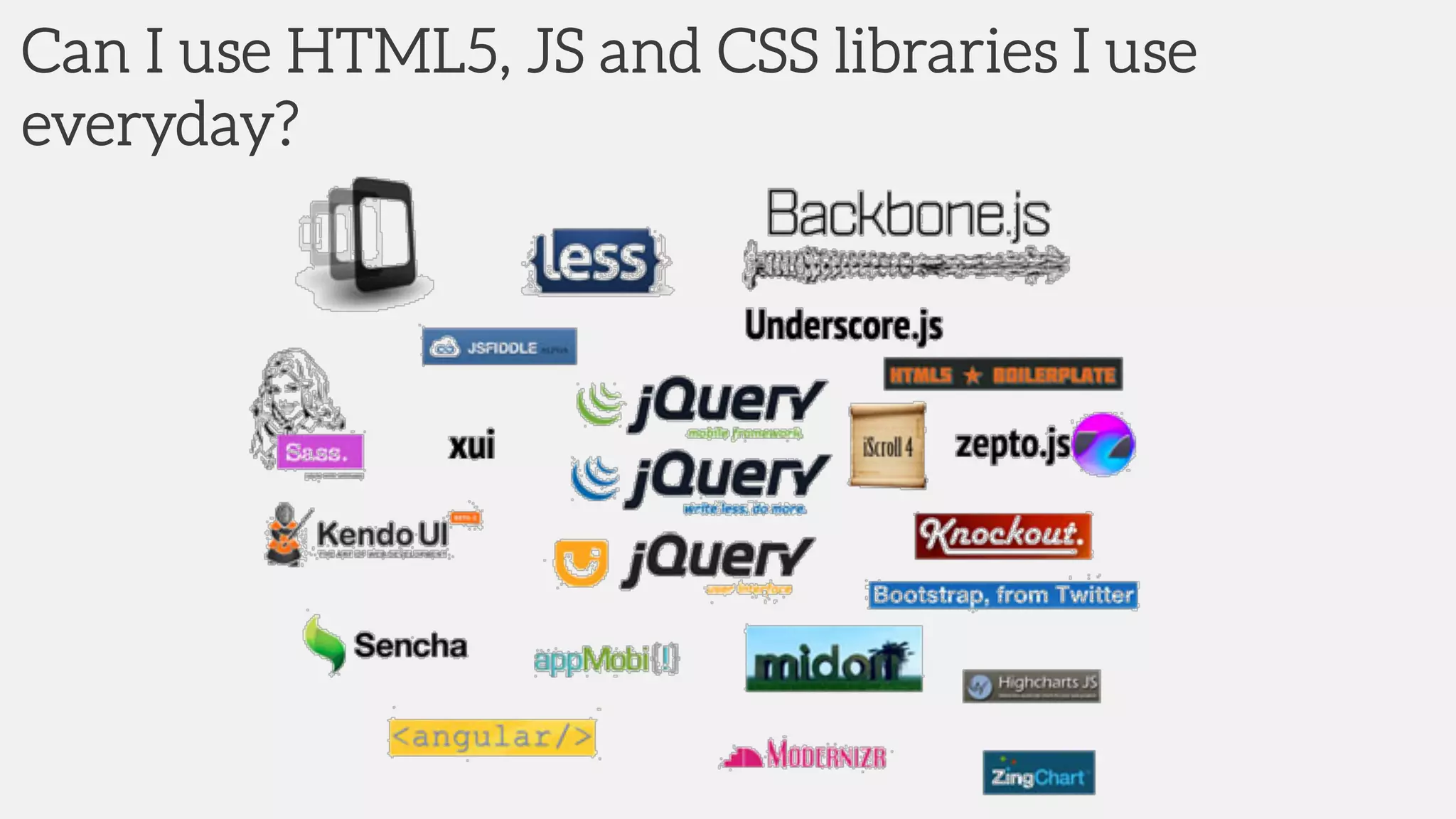 Can I use HTML5, JS and CSS libraries I use
everyday?
 