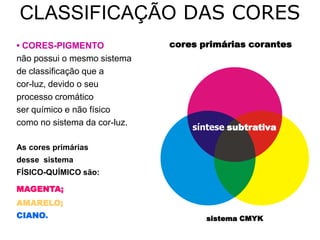 CLASSIFICAÇÃO DAS CORES
• CORES-PIGMENTO              cores primárias corantes
não possui o mesmo sistema
de classificação que a
cor-luz, devido o seu
processo cromático
ser químico e não físico
como no sistema da cor-luz.
                                  síntese subtrativa

As cores primárias
desse sistema
FÍSICO-QUÍMICO são:

MAGENTA;
AMARELO;
CIANO.                               sistema CMYK
 