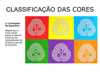 CLASSIFICAÇÃO DAS CORES

2 • Contrastes
De Superfície

Repare que o
cinza neutro
passa a assumir
o tom da cor
complementar ao
fundo em que ele
se encontra
 