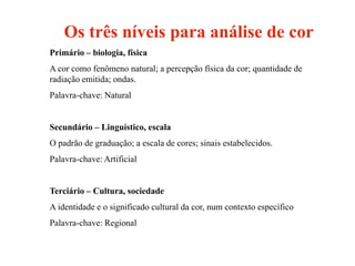 Os três níveis para análise de cor
Primário – biologia, física
A cor como fenômeno natural; a percepção física da cor; quantidade de
radiação emitida; ondas.
Palavra-chave: Natural


Secundário – Linguístico, escala
O padrão de graduação; a escala de cores; sinais estabelecidos.
Palavra-chave: Artificial


Terciário – Cultura, sociedade
A identidade e o significado cultural da cor, num contexto específico
Palavra-chave: Regional
 