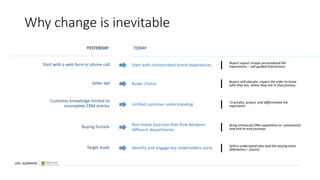 Why change is inevitable
YESTERDAY TODAY
Start with a web form or phone call Start with orchestrated brand experiences Buyers expect unique personalized like
experiences – ​self-guided interactions.
Seller led Buyer choice Buyers self educate, expect the seller to know
who they are, where they are in that process.
Customer knowledge limited to
incomplete CRM entries Unified customer understanding To predict, proact, and differentiate the
experience
Buying funnels Non-linear journeys that flow between
different departments
Bring enhanced CRM capabilities to automation
and end-to-end journeys
Target leads Identify and engage key stakeholders early Sellers understand roles and the buying team
(Marketers – future)
 