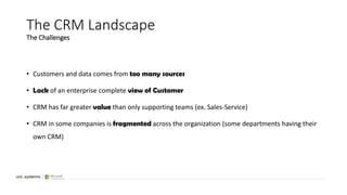 The CRM Landscape
The Challenges
• Customers and data comes from too many sources
• Lack of an enterprise complete view of Customer
• CRM has far greater value than only supporting teams (ex. Sales-Service)
• CRM in some companies is fragmented across the organization (some departments having their
own CRM)
 