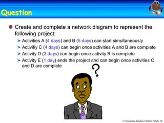 © Business Studies Online: Slide 18 
QuestionQuestion 
Create and complete a network diagram to represent the 
following project: 
Activities A (4 days) and B (5 days) can start simultaneously 
Activitiy C (4 days) can begin once activities A and B are complete 
Activity D (3 days) can begin once activity B is complete 
Activity E (1 day) ends the project and can begin once activities C 
and D are complete
 