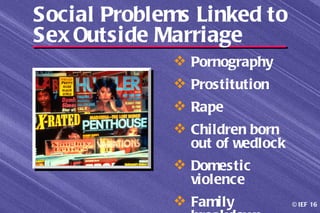 Social Problems Linked to
Sex Outside Marriage
              Pornography
              Prostitution
              Rape
              Children born
               out of wedlock
              Domestic
               violence
              Family           © IEF 16
 