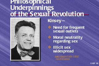 Philosophical
Underpinnings
of the Sexual Revolution
            Kinsey —
             Need for frequent
              sexual outlets
             Moral neutrality
              regarding sex
             Illicit sex
              widespread
               Al ed Kinsey (1 894-1 956)
                 fr
               - Sex Researcher
                                            © IEF 19
 