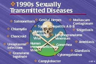 1990s Sexually
    Transmitted Diseases
     Salmonellosis Genital Herpes       Molluscum
                                            Contagiosum
                    Syphilis Hepatitis A & B
                           
   Chlamydia                                Shigellosis
                 Human
  Chancroid      Papilloma  Lymphogranuloma
                  Virus         Venereum
               Human                          Amebiasis
 Ureaplasmal                  Gonorrhea
  Infections    Immunodeficiency
                Virus                      Giardiasis
    Granuloma                  Cytomegalovirus
      Inguinale
                    Campylobacter                    © IEF 4
 