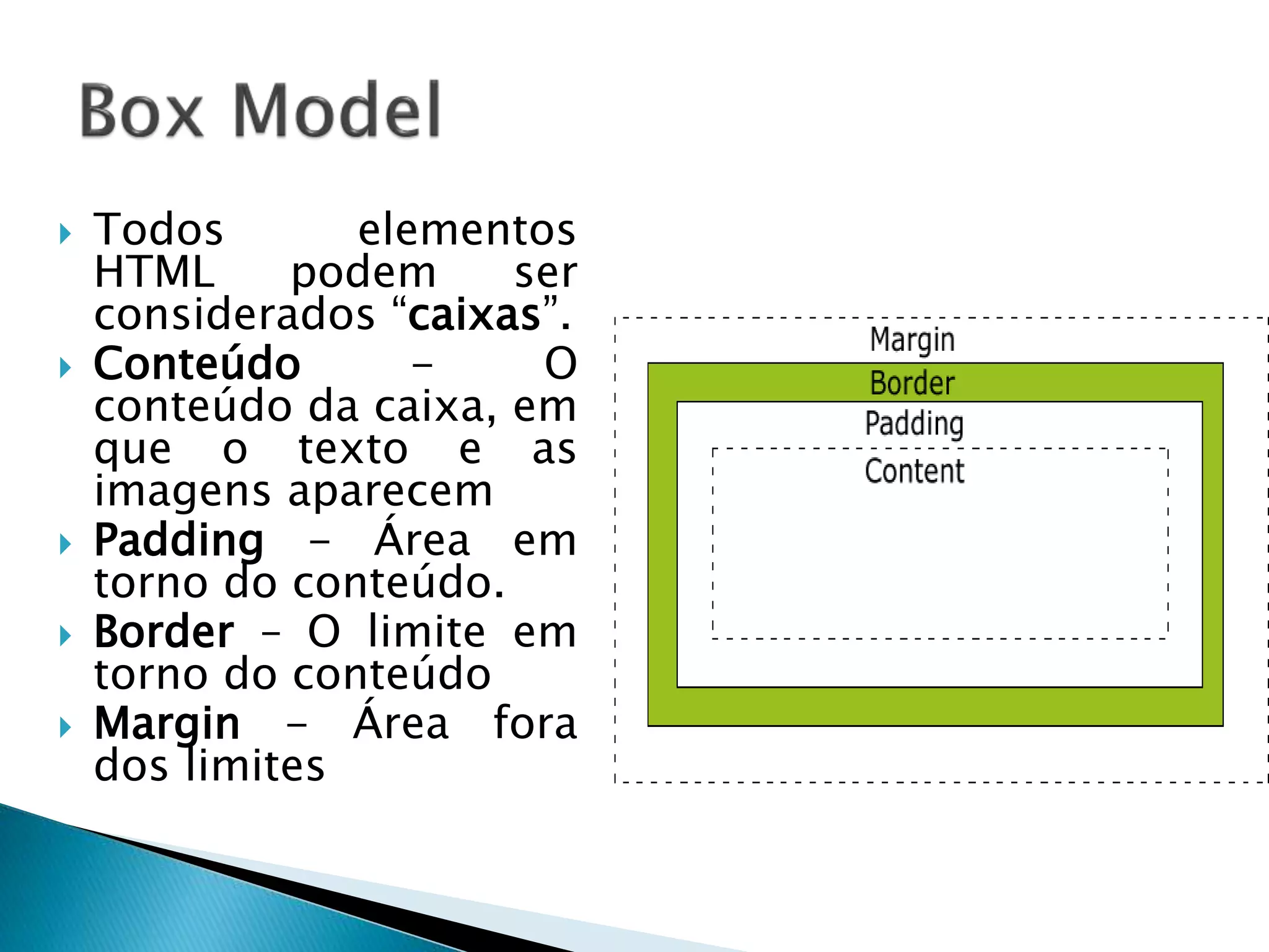  Todos elementos
HTML podem ser
considerados “caixas”.
 Conteúdo - O
conteúdo da caixa, em
que o texto e as
imagens aparecem
 Padding - Área em
torno do conteúdo.
 Border – O limite em
torno do conteúdo
 Margin - Área fora
dos limites
 