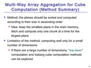 1155 
Multi-Way Array Aggregation for Cube 
Computation (Method Summary) 
 Method: the planes should be sorted and computed 
according to their size in ascending order 
 Idea: keep the smallest plane in the main memory, 
fetch and compute only one chunk at a time for the 
largest plane 
 Limitation of the method: computing well only for a small 
number of dimensions 
 If there are a large number of dimensions, “top-down” 
computation and iceberg cube computation methods 
can be explored 
 