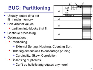 1177 
BUC: Partitioning 
 Usually, entire data set can’t 
fit in main memory 
 Sort distinct values 
 partition into blocks that fit 
 Continue processing 
 Optimizations 
 Partitioning 
 External Sorting, Hashing, Counting Sort 
 Ordering dimensions to encourage pruning 
 Cardinality, Skew, Correlation 
 Collapsing duplicates 
 Can’t do holistic aggregates anymore! 
 