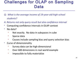 3377 
Challenges for OLAP on Sampling 
Data 
Q: What is the average income of 19-year-old high-school 
students? 
A: Returns not only query result but also confidence interval 
 Computing confidence intervals in OLAP context 
 No data? 
 Not exactly. No data in subspaces in cube 
 Sparse data 
 Causes include sampling bias and query selection bias 
 Curse of dimensionality 
 Survey data can be high dimensional 
 Over 600 dimensions in real world example 
 Impossible to fully materialize 
 